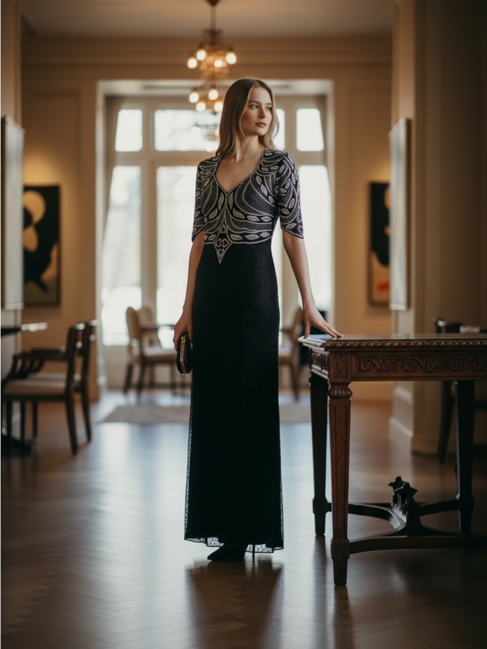 Night Vogue Vintage Black Silk Beaded Sequin Maxi Dress Art Deco Gown Womens M